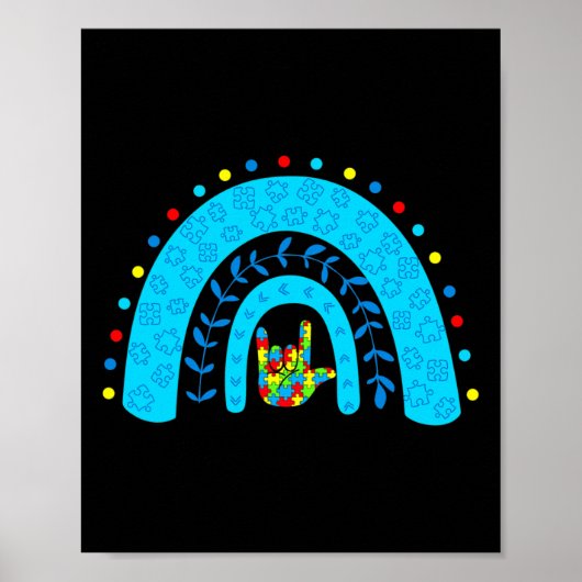 自閉症意識レインボーサポートパズルラブサイン ポスター (正面)