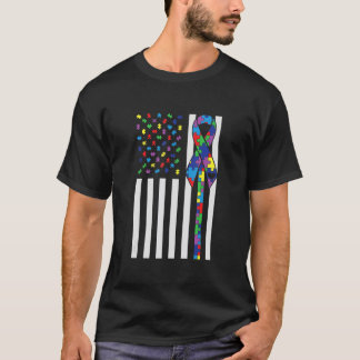 自閉症意識、自閉症リボン米国国旗、サポートA Tシャツ