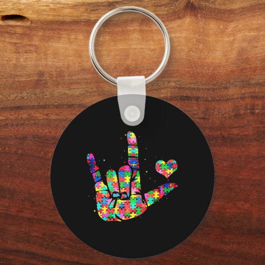 自閉症意識ASLラブサイン言語パズルPi キーホルダー (正面)