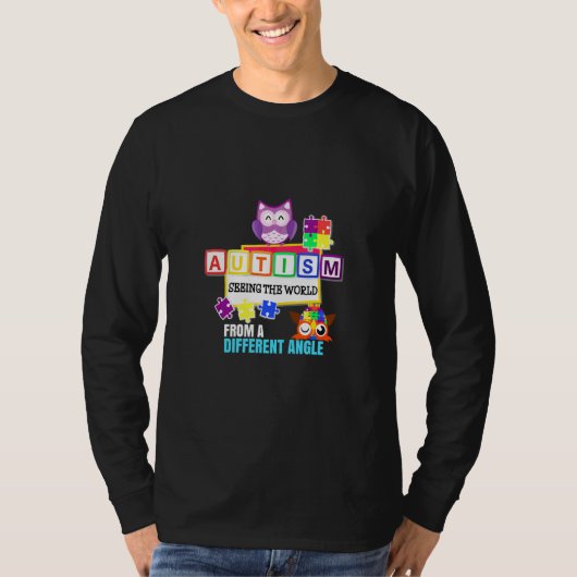 自閉症支援パズルピースオースティム認識度フクロウ Tシャツ (正面)