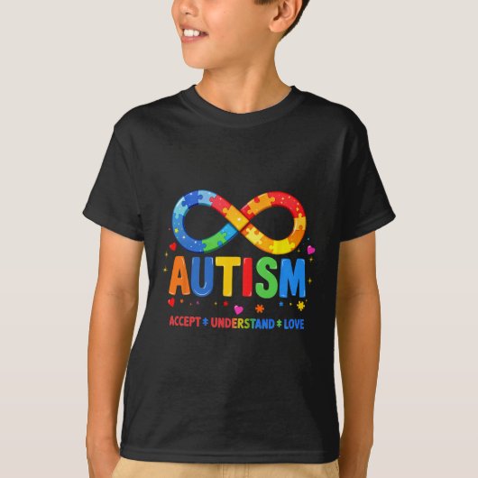 自閉症理解を受け入れて 愛を ASD サポート Tシャツ (正面)