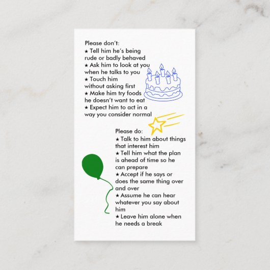 自閉症誕生日ボーイの名刺 名刺 (裏面)