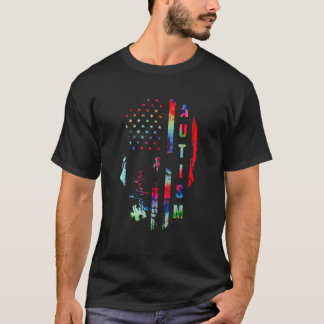 自閉症 アメリカ国旗 ドクロ 自閉症の親 男性用 Tシャツ