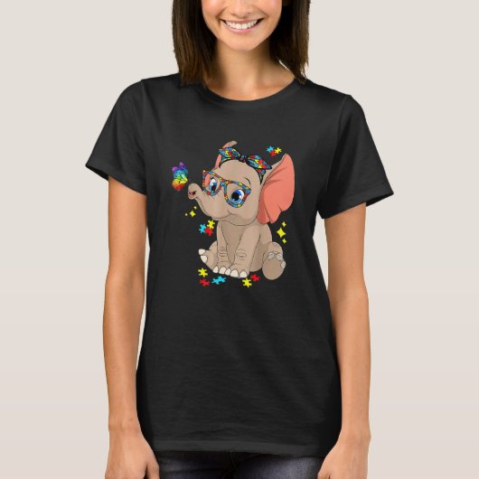 自閉症 ゾウ 眼鏡 アウェアネス ママ キッズ 自閉症 Tシャツ (正面)