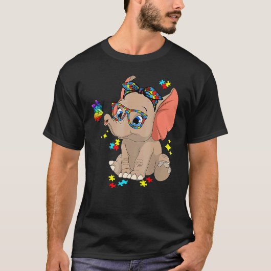 自閉症 ゾウ 眼鏡 アウェアネス ママ 子供 自閉症 Tシャツ (正面)