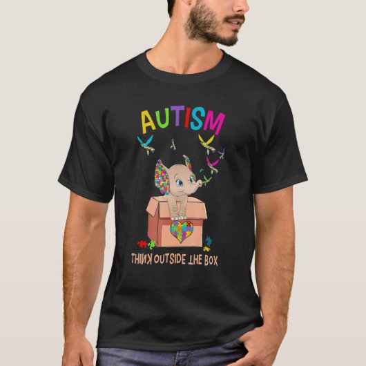自閉症 外側の箱で考える かわいい象 パズルのピース Tシャツ (正面)