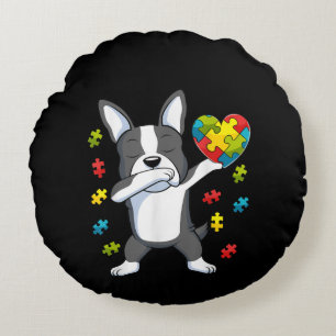 自閉症 Dabbingボストンテリアパズルピースハート ラウンドクッション