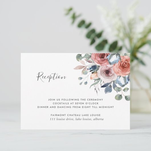 至福のフローラほこりっぽいブルーウェディングレセプション エンクロージャーカード (スタンド正面)