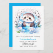 至福のブルーワイルドフラワーオッターボーイベビーシャワー 招待状 (正面/裏面)