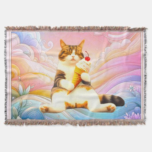 至福の眠り – アイスクリームコーンを持つ猫 スローブランケット (正面)