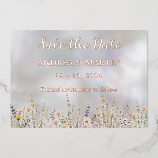 至福の開花ウェディング日付カードを保存 箔招待状 (正面)