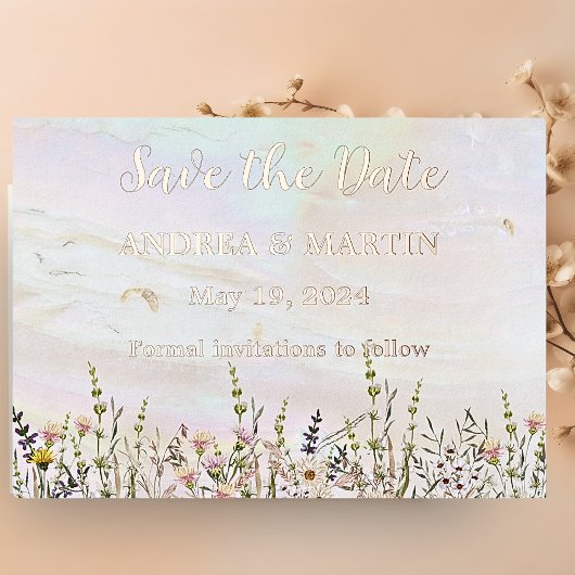 至福の開花ウェディング日付カードを保存 箔招待状