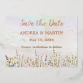 至福の開花ウェディング日付カードを保存 箔招待状 (正面)