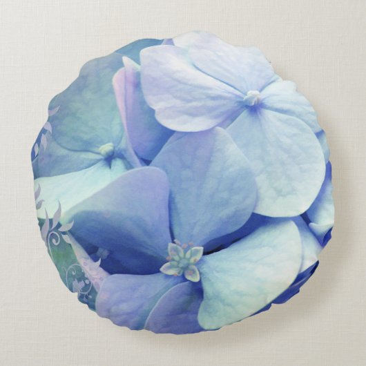 至福、タマキビの青いアジサイの円形の枕 ラウンドクッション (裏面)