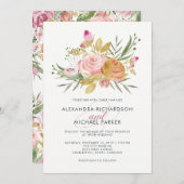 至福 | 赤面ピンクフェイクと金ゴールド結婚フローラ 招待状 (正面/裏面)