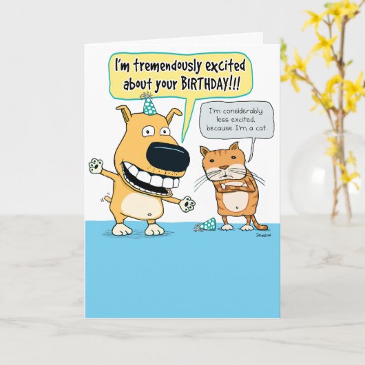 興奮おもしろいした犬と退屈した猫誕生日カード カード (黄色い花)