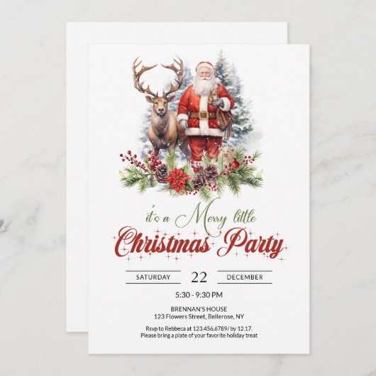 興奮したイラストレーションサンタクロースとトナカイ 招待状 (正面/裏面)