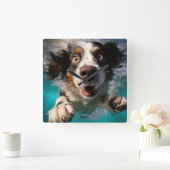 興奮した犬の水中スイミングデザイン スクエア壁時計 (ホーム)