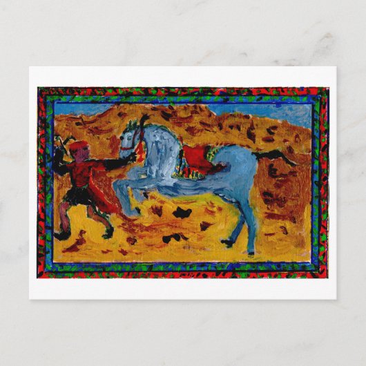 興奮した馬のはがきを持つ新郎 ポストカード (正面)