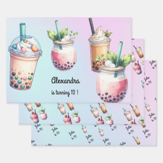 興奮ボバ茶の誕生日で泡立つ ラッピングペーパーシート (セット)