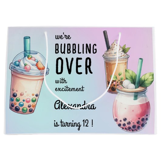 興奮ボバ茶の誕生日で泡立つ ラージペーパーバッグ (正面)