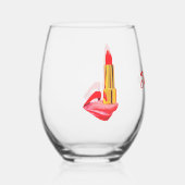 舌に赤い口紅と名前をカスタムする ステムなしワイングラス (正面)