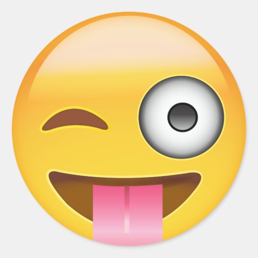 舌を出して目をウィンクする顔絵文字 ラウンドシール (正面)