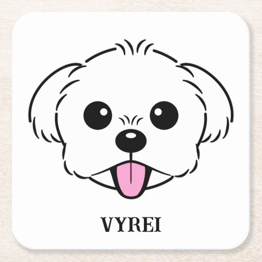 舌を突き出したかわいい白いビコンフリーズ犬 スクエアペーパーコースター (正面)