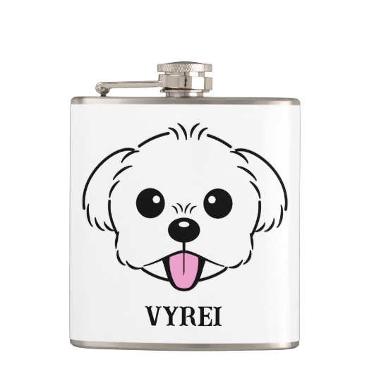 舌を突き出したかわいい白いビコンフリーズ犬 フラスク (正面)