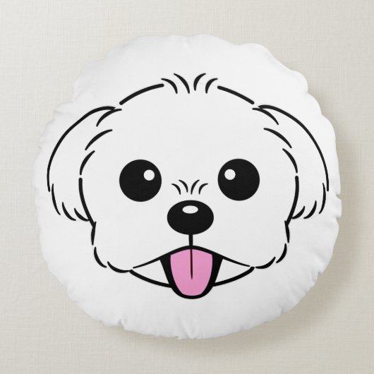 舌を突き出したかわいい白いビコンフリーズ犬 ラウンドクッション (正面)