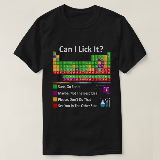 舐めてもいいかな？面白い周期表 Tシャツ (デザイン正面)