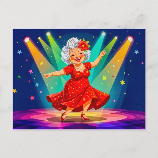 舞台上で踊る祖母のイラスト シーズンポストカード (正面)