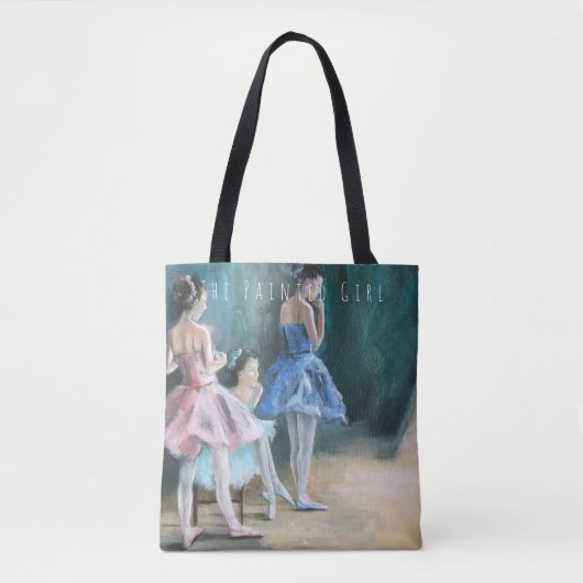 "舞台裏で"バレリーナの青いダンサーのトートバック トートバッグ (正面)