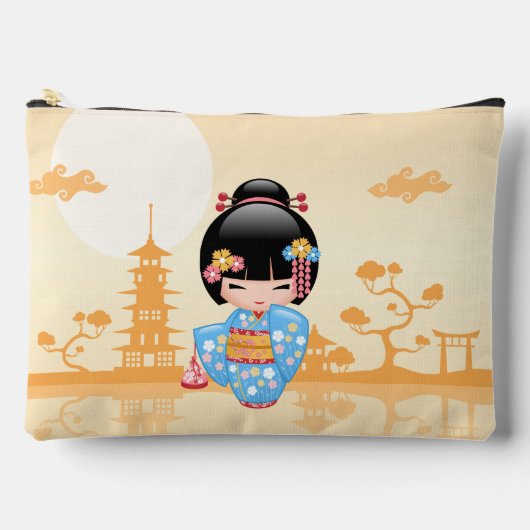 舞妓こけしの人形かわいい日本の芸者イエロー アクセサリーポーチ (正面)