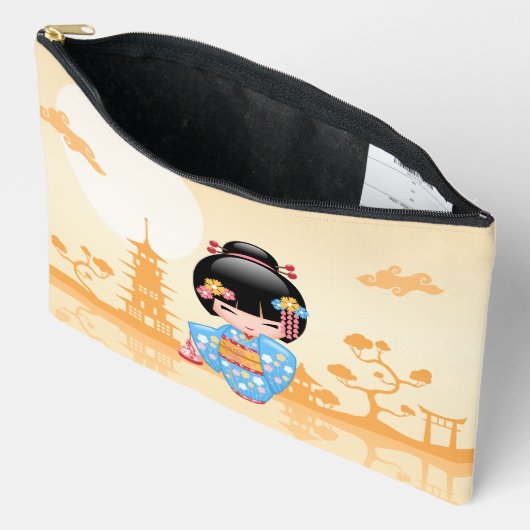 舞妓こけしの人形かわいい日本の芸者イエロー アクセサリーポーチ (見開き)