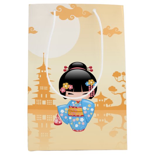 舞妓こけしの人形かわいい日本の芸者イエロー ミディアムペーパーバッグ (正面)