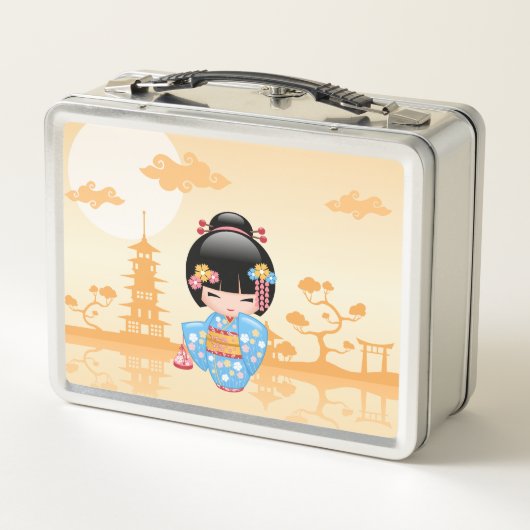 舞妓こけしの人形かわいい日本の芸者イエロー メタルランチボックス (裏面)