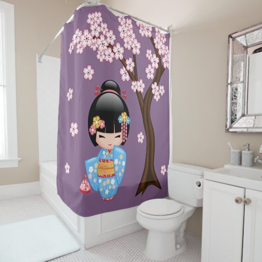 舞妓こけしの人形かわいい芸者ガールパープル シャワーカーテン (インサイチュ)