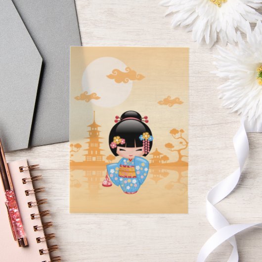 舞妓こけしの可愛い日本の芸者イエローインサート ベラム紙招待状 (ウェディング)