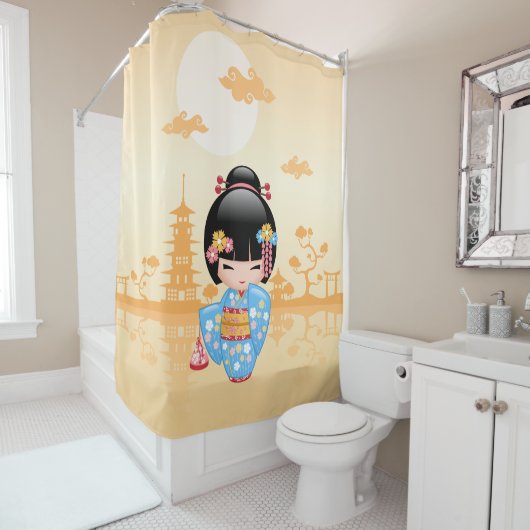 舞妓こけし人形かわいい芸者ガールイエロー シャワーカーテン (インサイチュ)