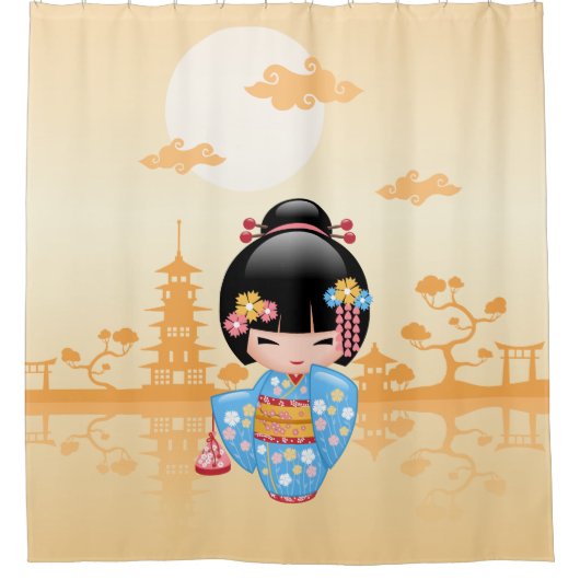 舞妓こけし人形かわいい芸者ガールイエロー シャワーカーテン (正面)