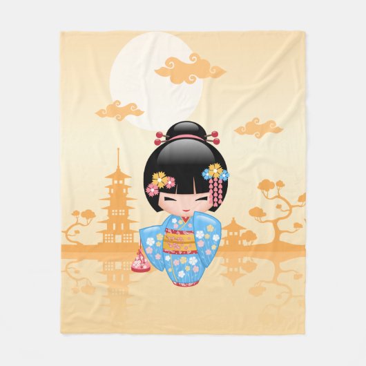 舞妓こけし人形かわいい芸者ガールイエロー フリースブランケット (正面)