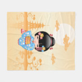 舞妓こけし人形かわいい芸者ガールイエロー フリースブランケット (正面(横))