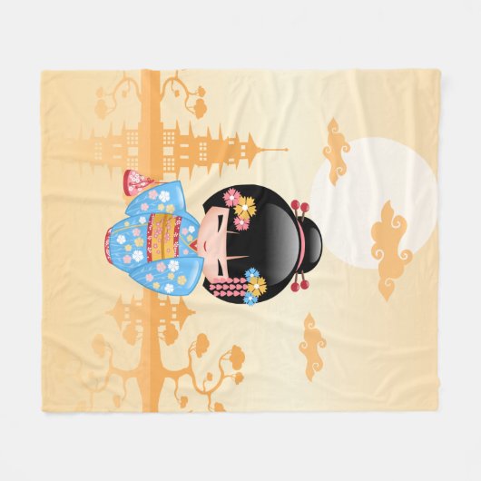 舞妓こけし人形かわいい芸者ガールイエロー フリースブランケット (正面(横))