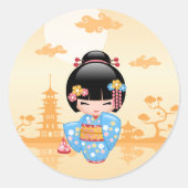 舞妓こけし人形かわいい芸者ガールイエロー ラウンドシール (正面)