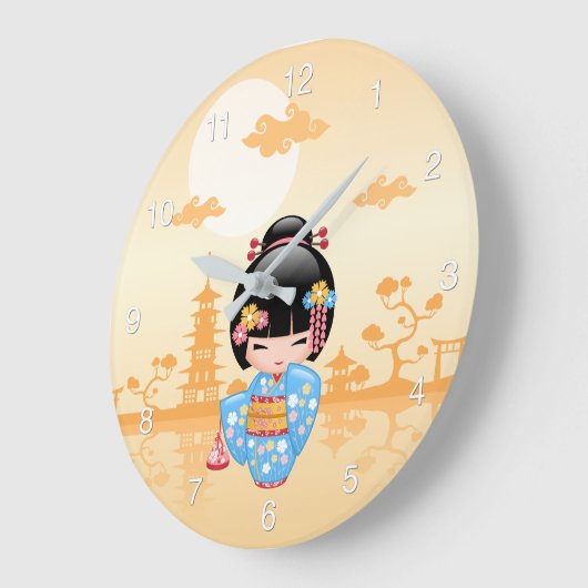 舞妓こけし人形かわいい芸者ガールイエロー ラージ壁時計 (傾斜)