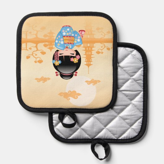 舞妓こけし人形かわいい芸者ガールイエロー 鍋敷き (正面/裏面)