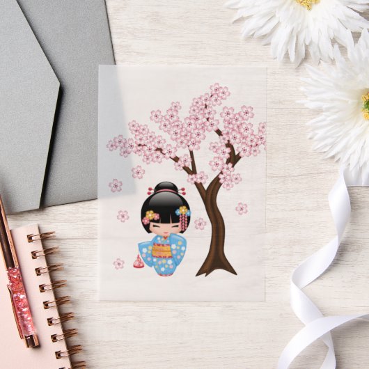 舞妓こけし人形ブルー着物芸者ガールインサート ベラム紙招待状 (ウェディング)