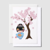 舞妓こけし人形ブルー着物芸者ガールインサート ベラム紙招待状 (オフセット)