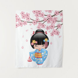 舞妓こけし人形 - 青い着物の芸者さん タペストリー